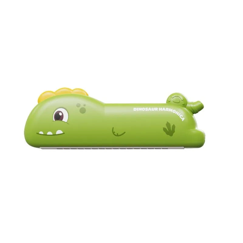 Cartoon plastic whistle musical instrument for children, green dinosaur colour, on white background