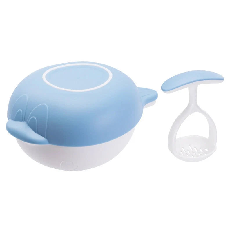 Manual baby food grinder set in blue and yellow with anti-slip rings