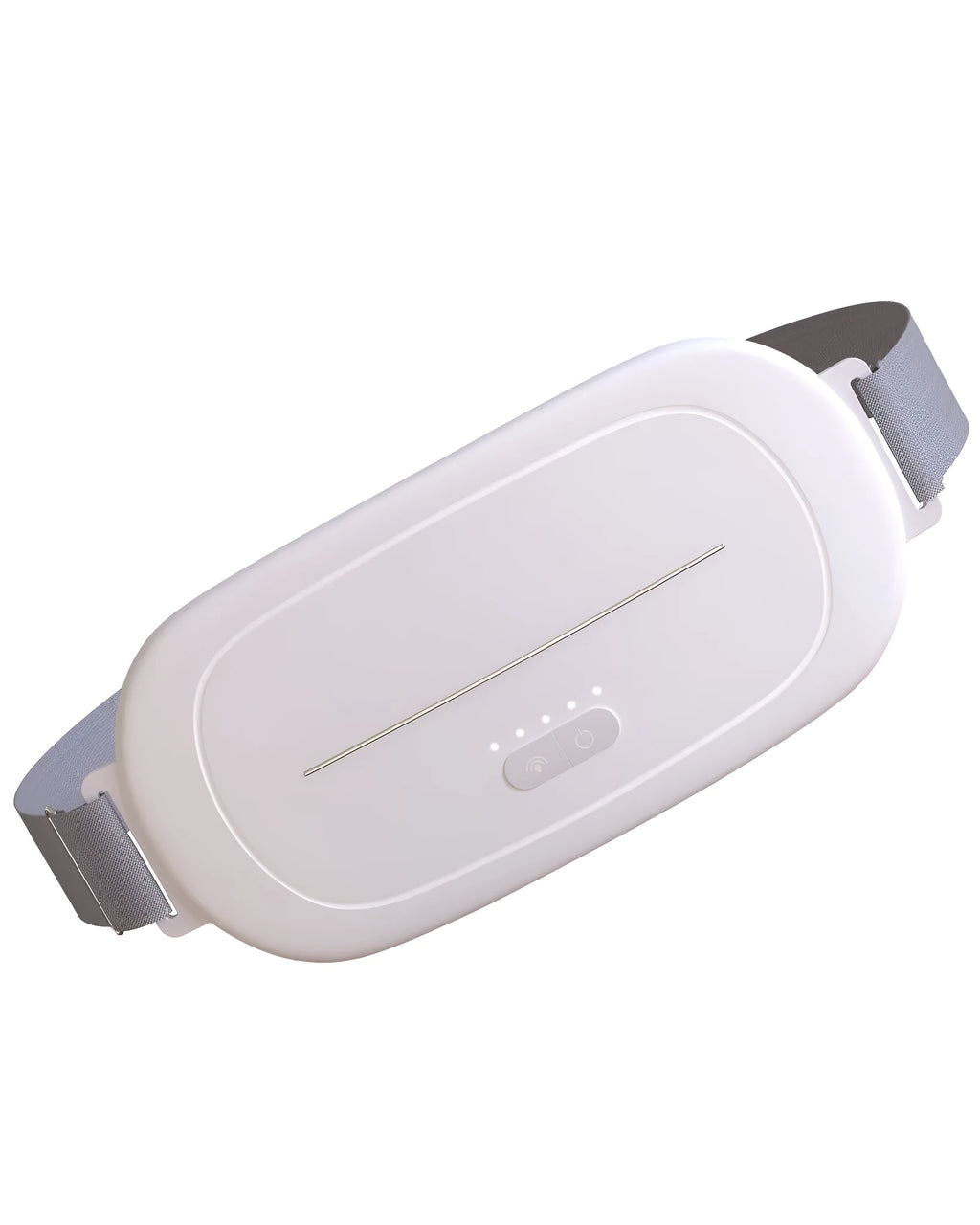 White flexible silicone postpartum abdominal warming device with an adjustable belt.