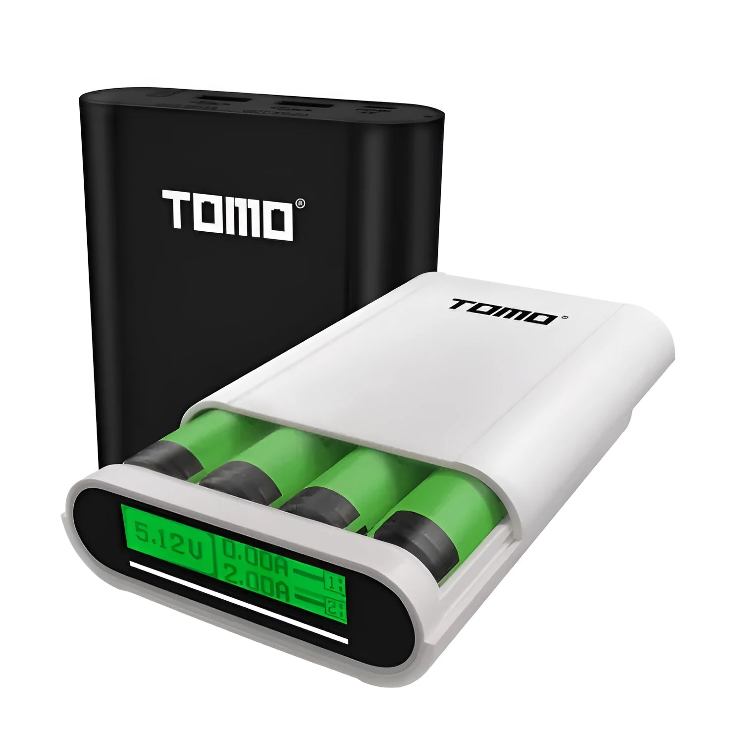Black and white portable power bank with LCD displays showing four battery levels