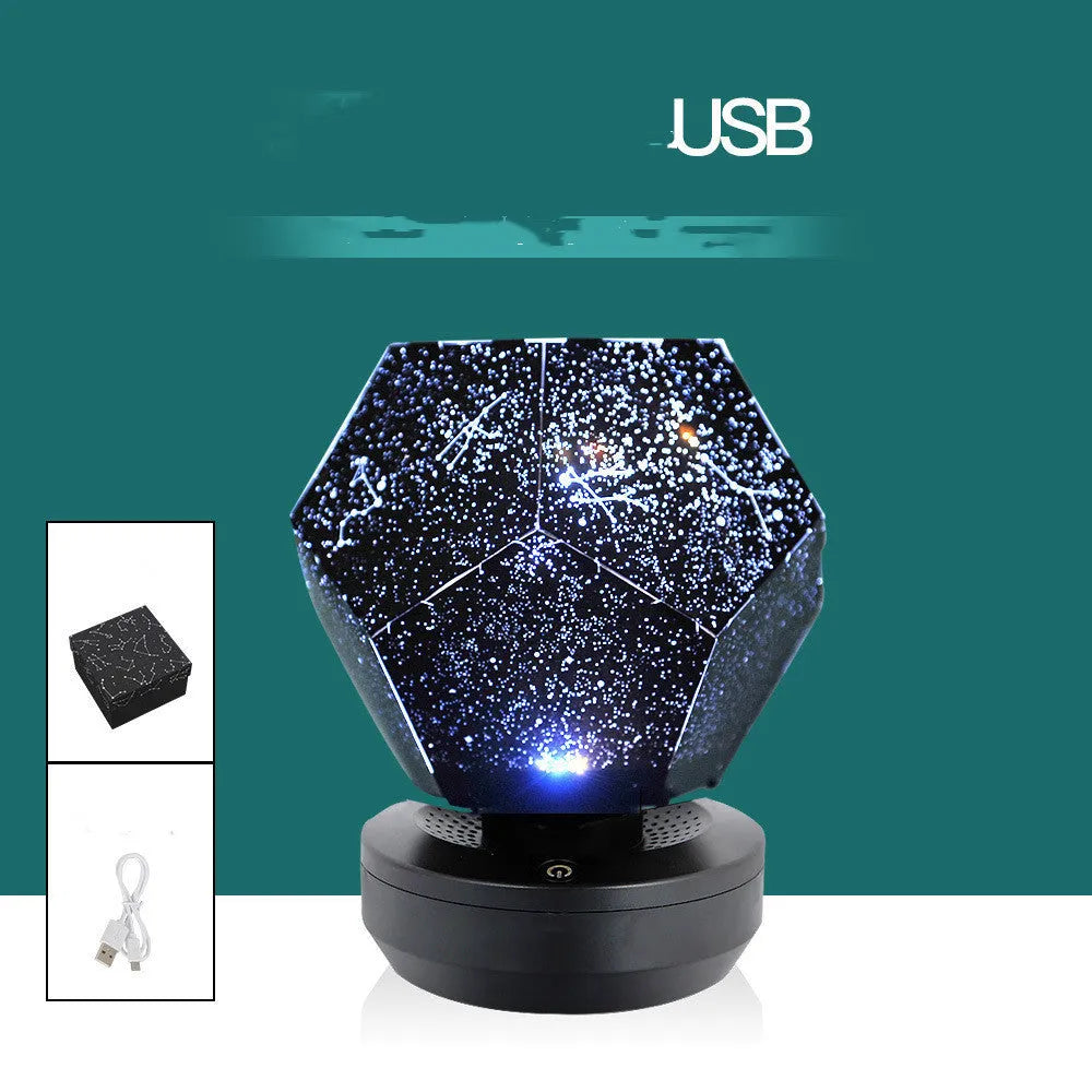 LED starry sky projector night light showing constellation projection on bedroom ceiling with remote control
