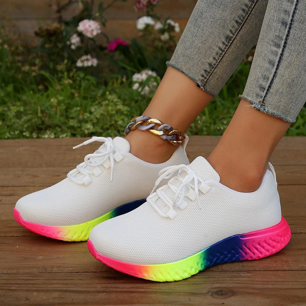 Women's plus size rainbow low stretch pumps in white with round toe flat heel and front lace-up closure