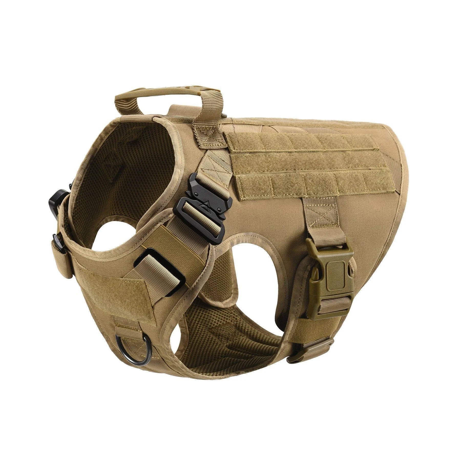 Durable tactical dog harness with reinforced buckles, customizable morale patches, and a reinforced top handle for secure control.