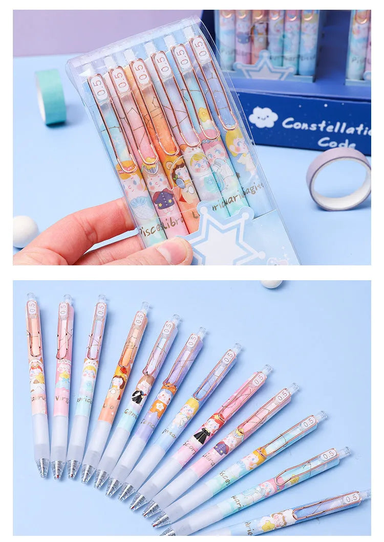Six constellation-themed 0.5mm press gel pens with zodiac designs in plastic shells