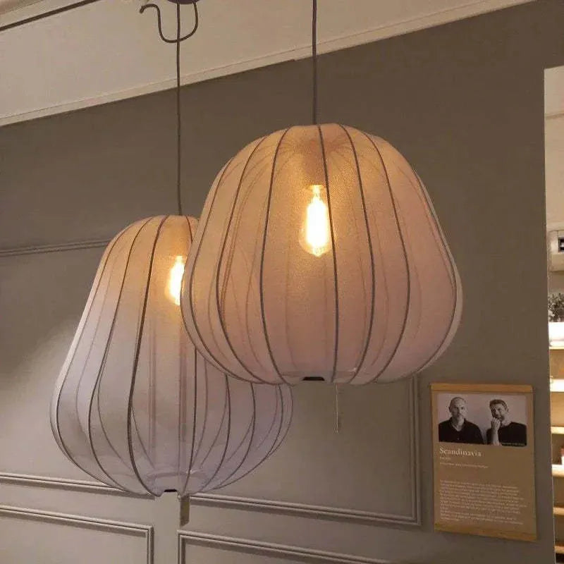 Japanese-style grey blue iron net pumpkin shaped pendant ceiling light with LED bulbs.
