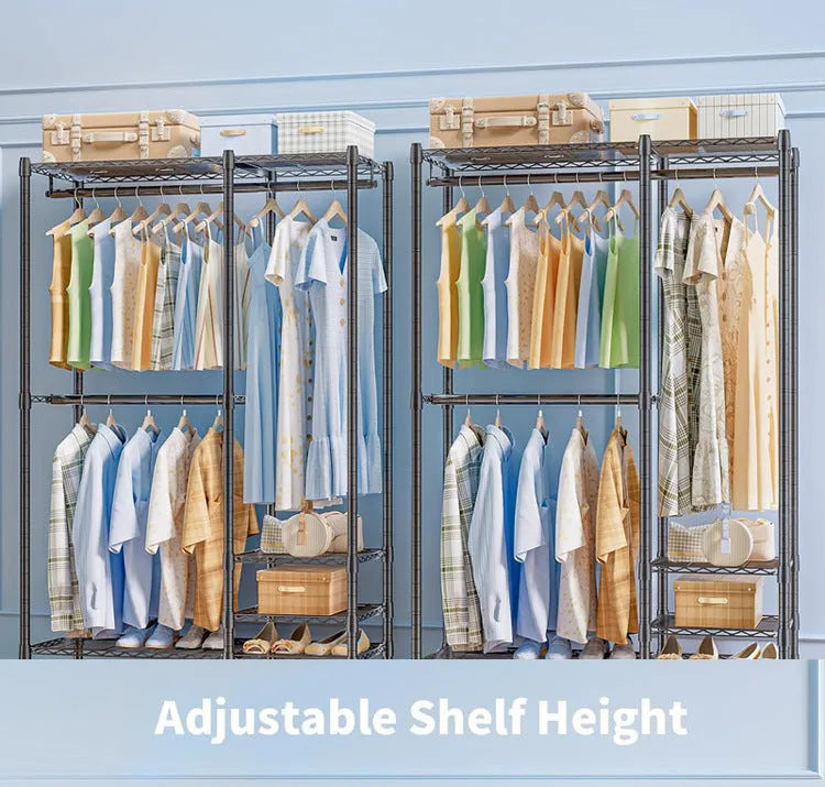 Black metal clothing storage rack measuring 175cm high with hangers and trousers organised