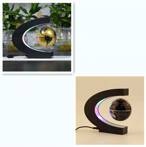 Magnetic levitation globe floating above base with LED light on