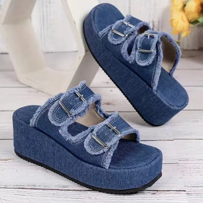 Women's denim buckle wedges sandals with thick bottom in blue, army green, and grey