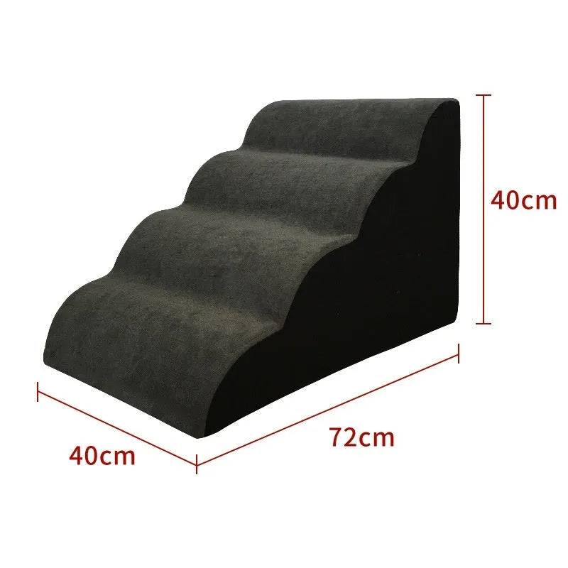 Brown wooden dog stairs with washable fabric cover next to a sofa