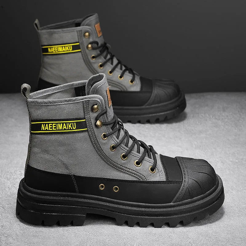 Men's thick-soled canvas casual motorcycle boots in black with front lace-up and round toe, side view