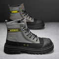 Men's thick-soled canvas casual motorcycle boots in black with front lace-up and round toe, side view