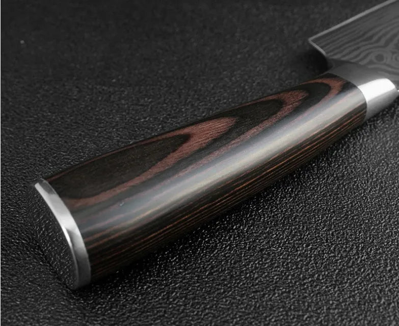 7Cr17 stainless steel kitchen knife with laser Damascus pattern on blade and colour wood handle