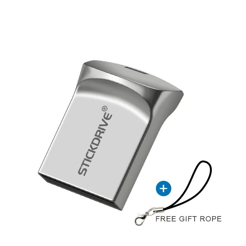 Metal high-speed car design USB flash drive with chain on a black background.
