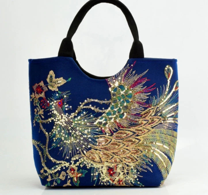 Canvas peacock embroidery small handbag with detachable strap in various colours