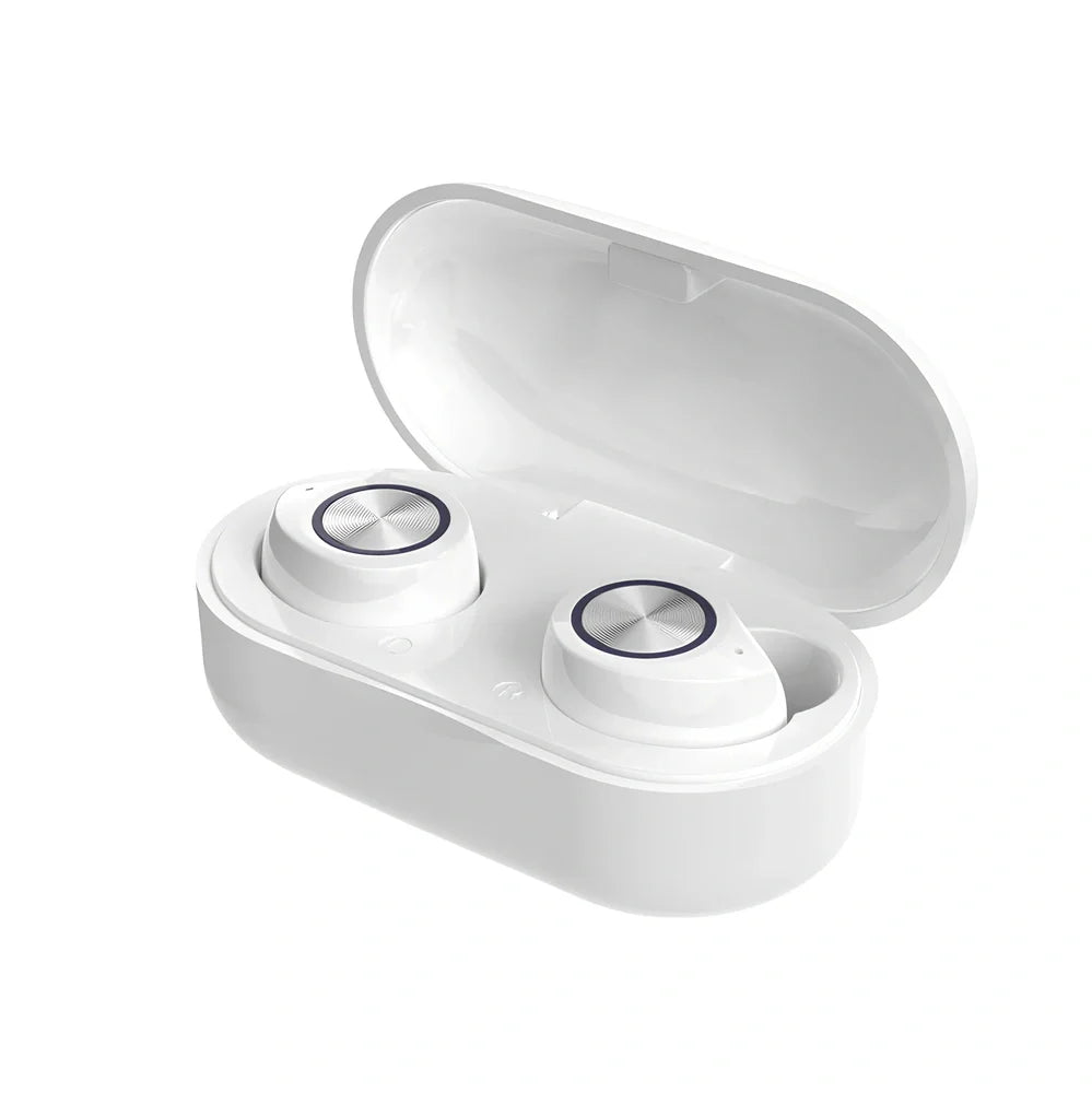 Bilateral stereo Bluetooth 5.0 earphones in black with 15m range for calls and music