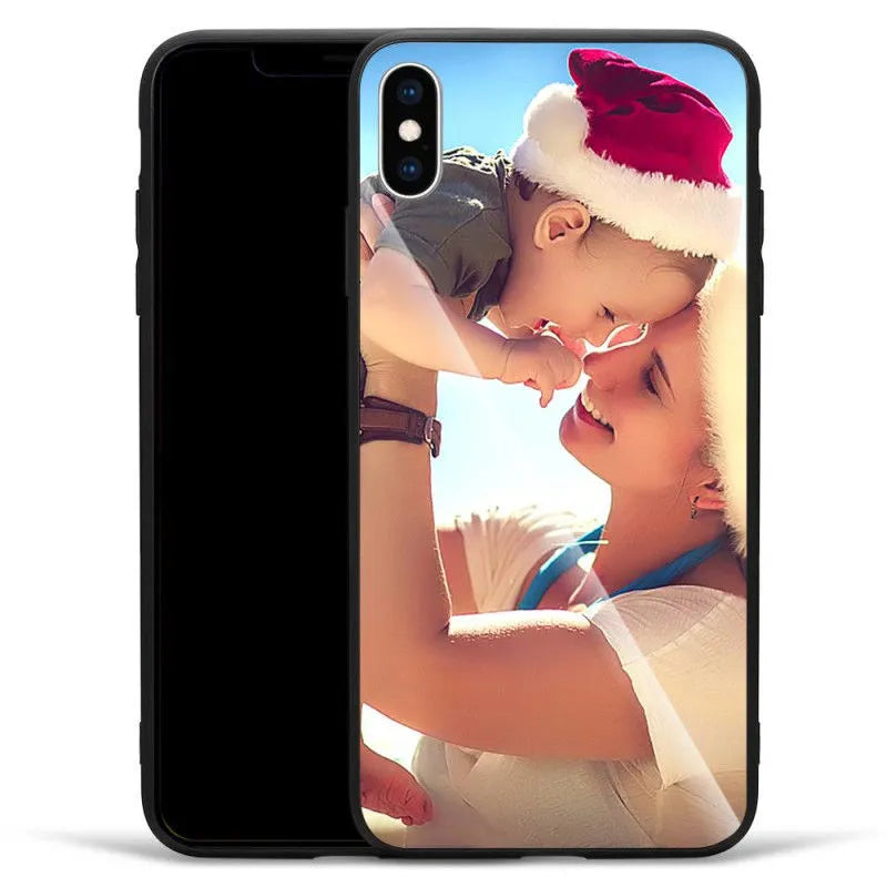 Custom patterned ultra-thin iPhone case with raised bumper edge, shown fitted on an iPhone.