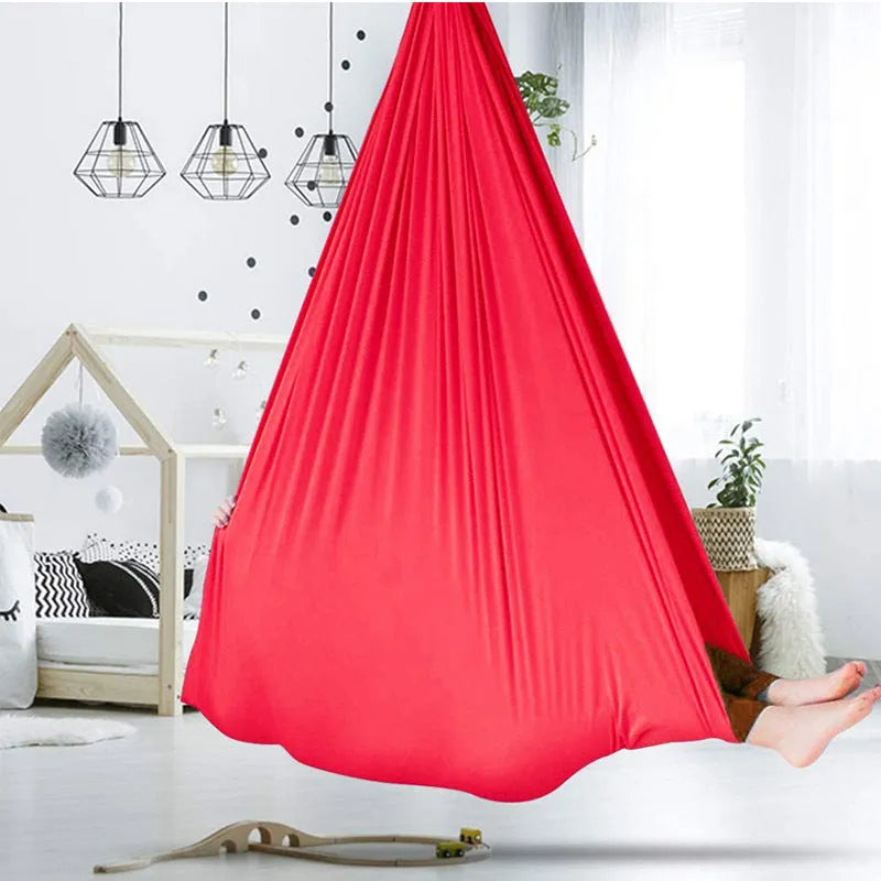 Kids elastic swing hammock in nylon, 100x280cm, with steel lock for indoor outdoor sensory therapy