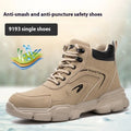 Lightweight brown leather steel toe cap safety work boots on a worksite background.