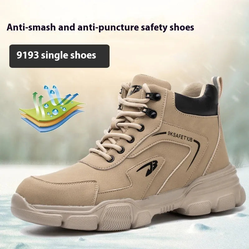 Lightweight brown leather steel toe cap safety work boots on a worksite background.