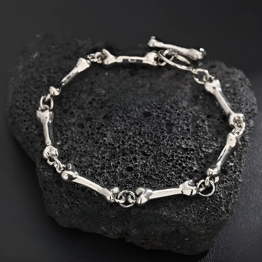 Silver alloy bone string bracelet with geometric bone shape, handmade, for men and women