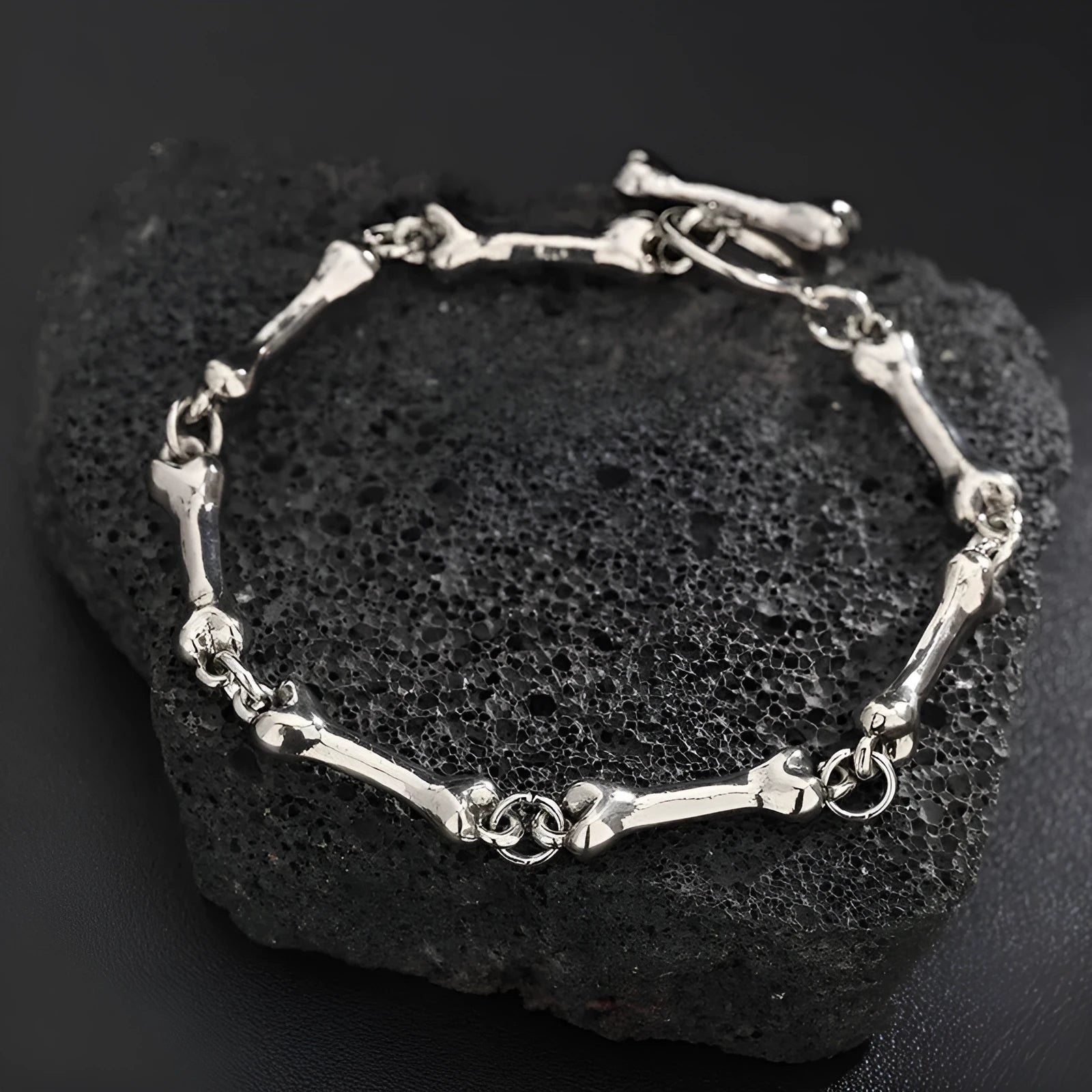 Silver alloy bone string bracelet with geometric bone shape, handmade, for men and women