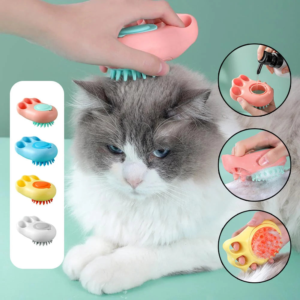Claw-shaped pet grooming brush in pink, blue, yellow, and grey for cats and dogs