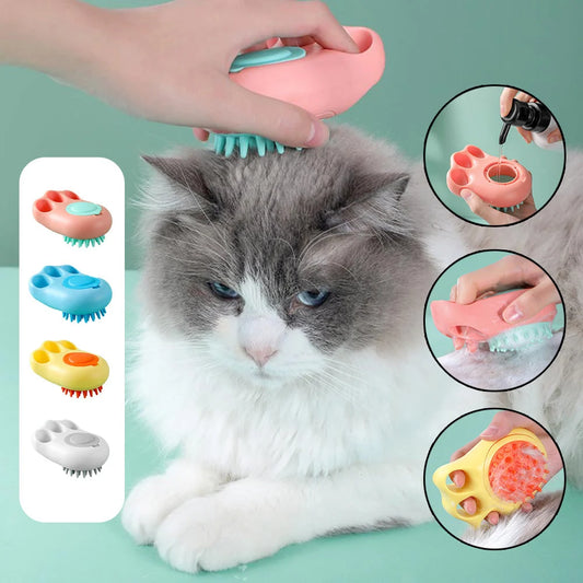 Claw-shaped pet grooming brush in pink, blue, yellow, and grey for cats and dogs