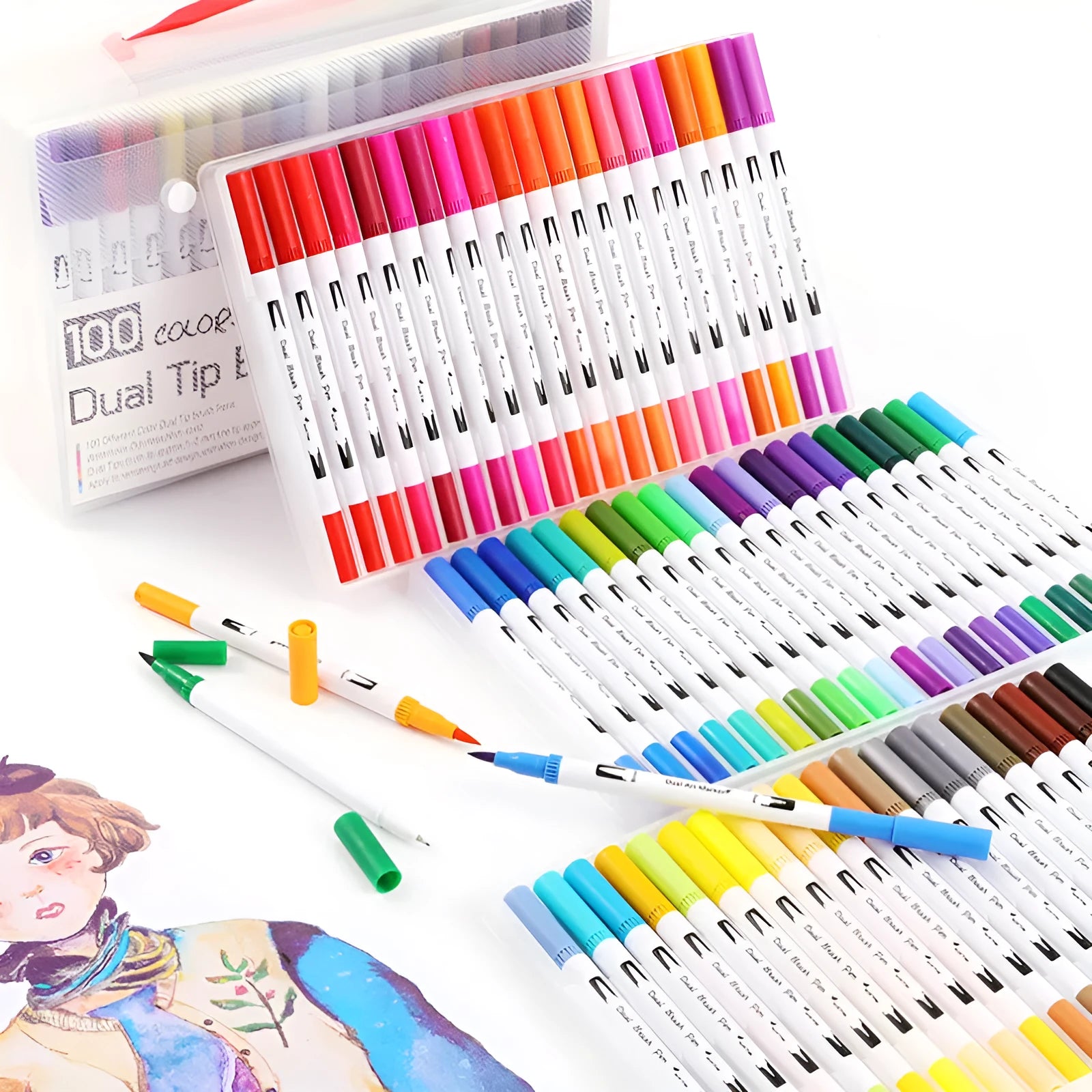 Set of artist watercolour pens with brush tips arranged by colour, showcasing vivid inks.
