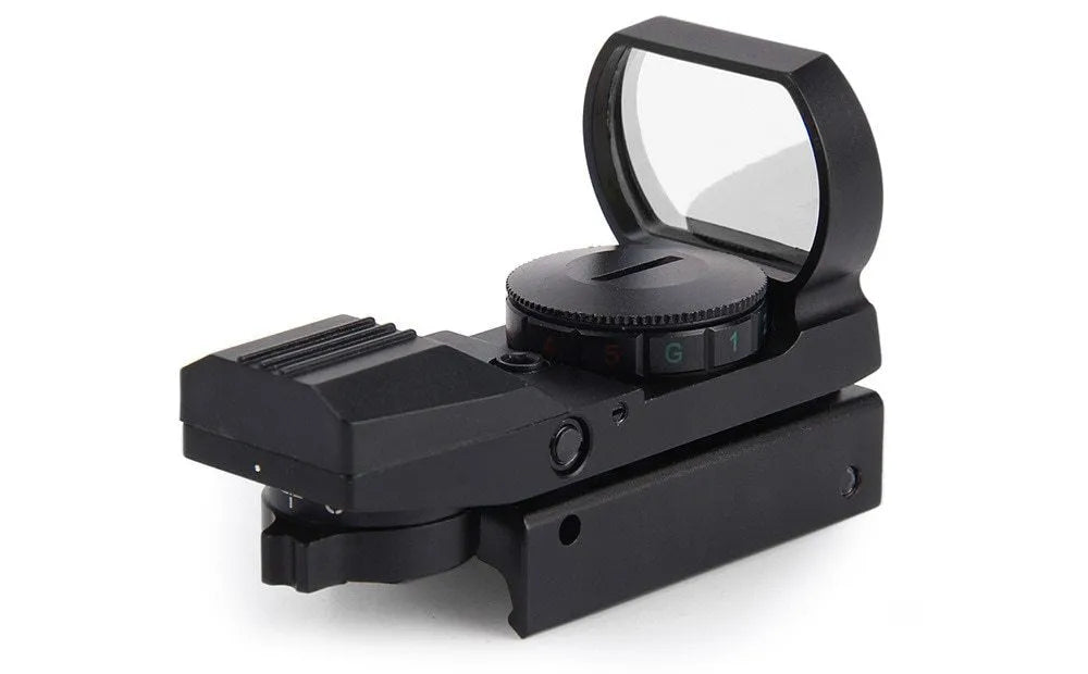Black aluminium alloy reflex holographic sight with 22x33mm SLR lens and 4 reticles on 20mm rail mount