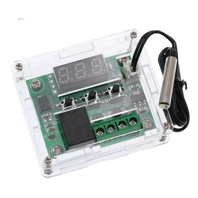 W1209 digital thermostat with acrylic shell and blue light display on a white background