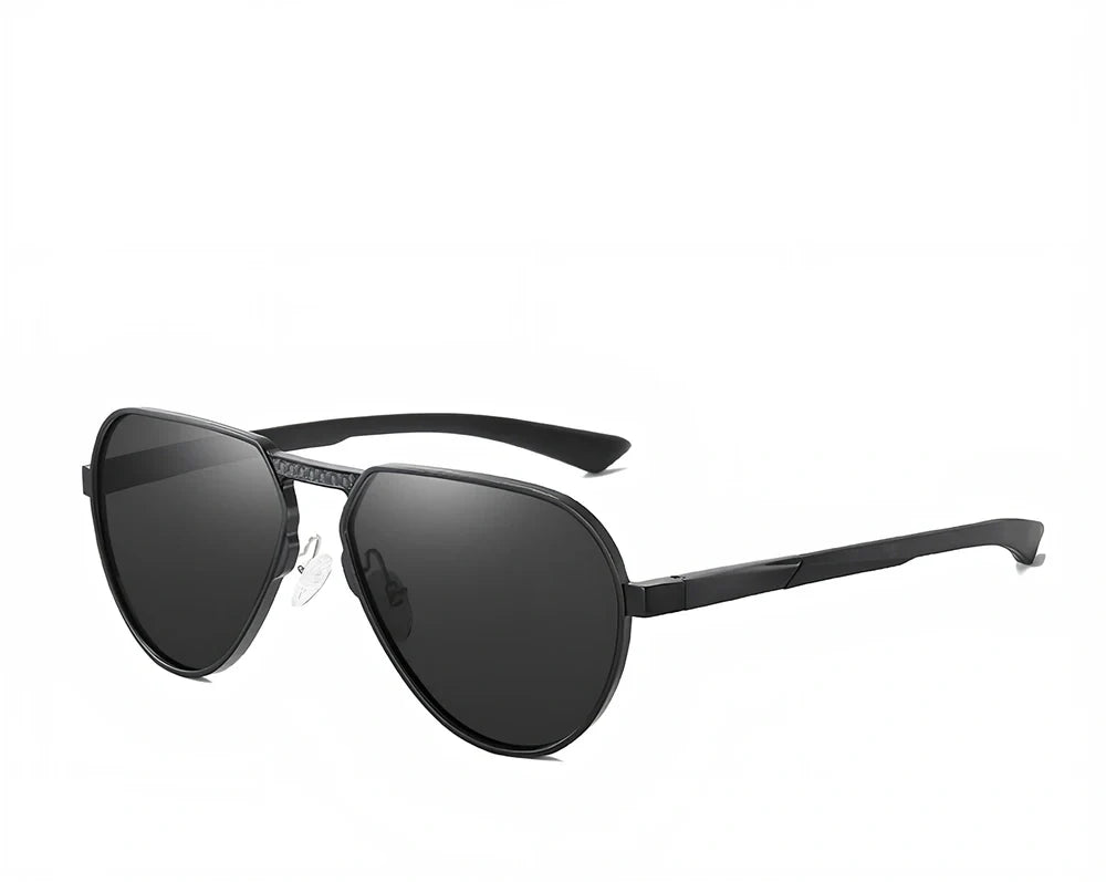 Large frame polarised glasses in black alloy with gray TAC lenses, reducing glare by 99% for clear vision