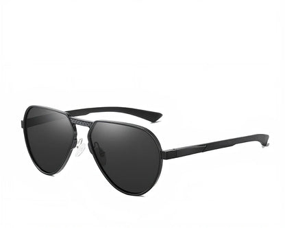 Large frame polarised glasses in black alloy with gray TAC lenses, reducing glare by 99% for clear vision