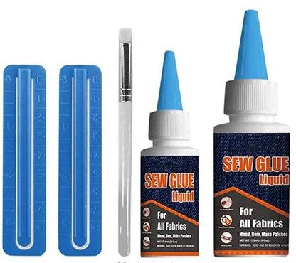 Clothing repair glue kit with two bottles of glue, two fixing clips, and one pen for easy fabric repairs