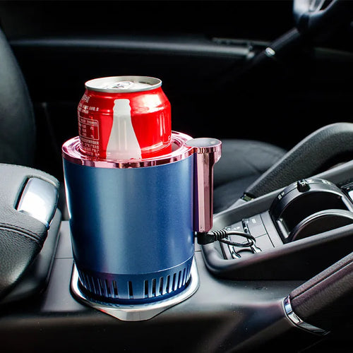 Black 2-in-1 car cup heater and cooler with digital display inserted in a vehicle cup holder.