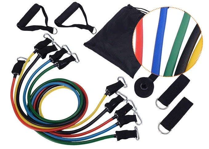 Portable Fitness Rally set with five resistance bands, handles, and ankle straps for comprehensive workouts