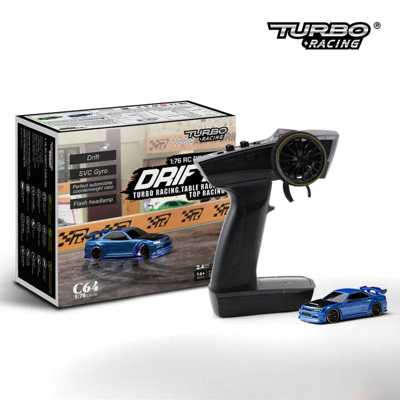 Turbo Racing C64 blue 1:76 scale drift RC car with P21-SVC radio remote control