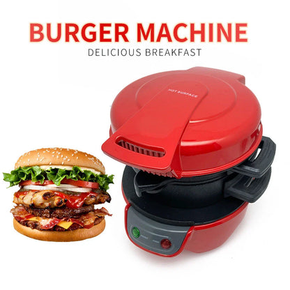 Versatile breakfast sandwich maker with egg cooker, bread machine, and waffle functions in bright red, orange, and silver gray colors