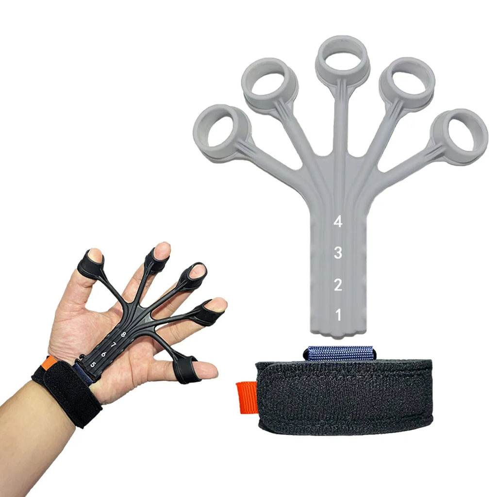 Black silicone finger flexion extension trainer with adjusting belt for hand rehabilitation