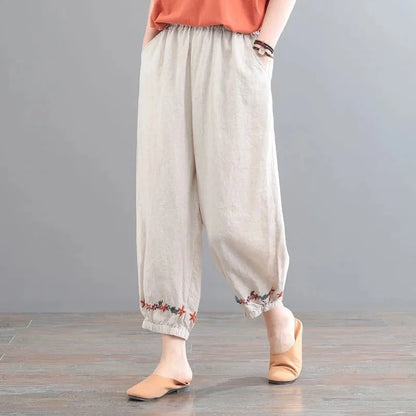 Women's vintage cotton linen casual pants in solid colours - beige, black, grey, navy blue