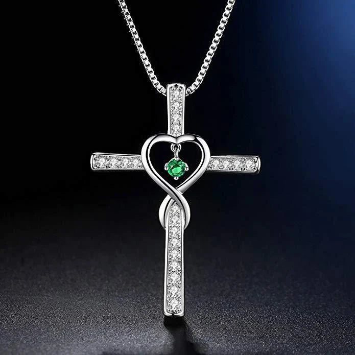 Christian Cross Birthstone Pendant Necklace with Zircon Heart in gold-plated finish