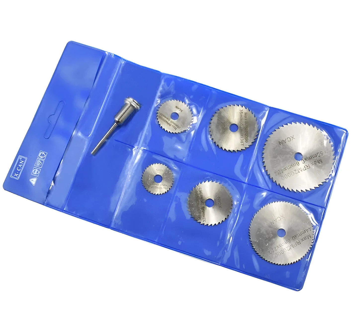 Six circular saw blades with mandrel in various sizes from 10mm to 25mm diameter