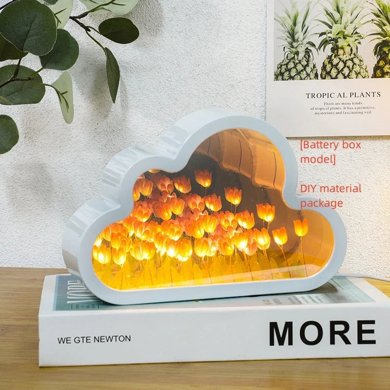 DIY Tulip Night Lamp with LED light and decorative mirror in pink, purple, or blue