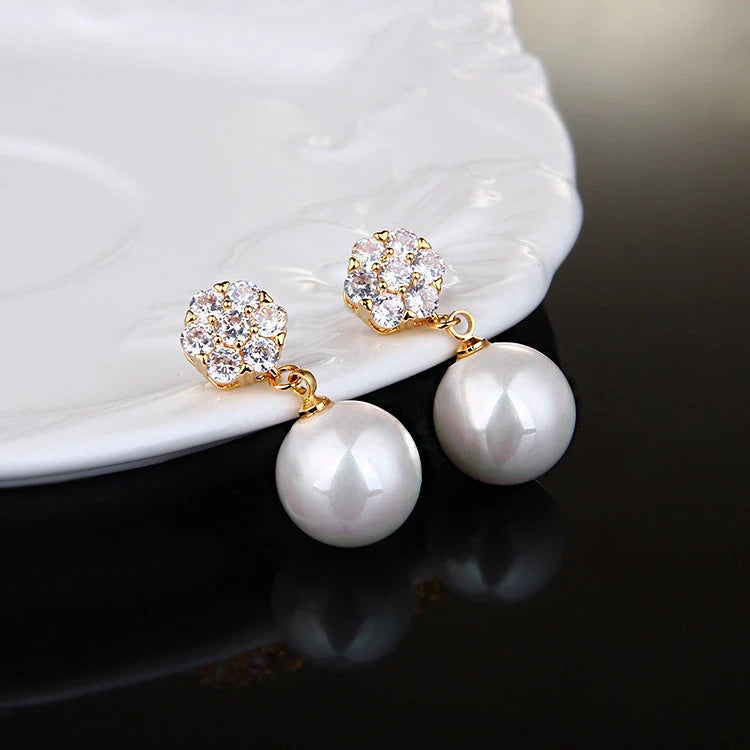 Round pearl long earrings with s925 silver needle, elegant and hypoallergenic