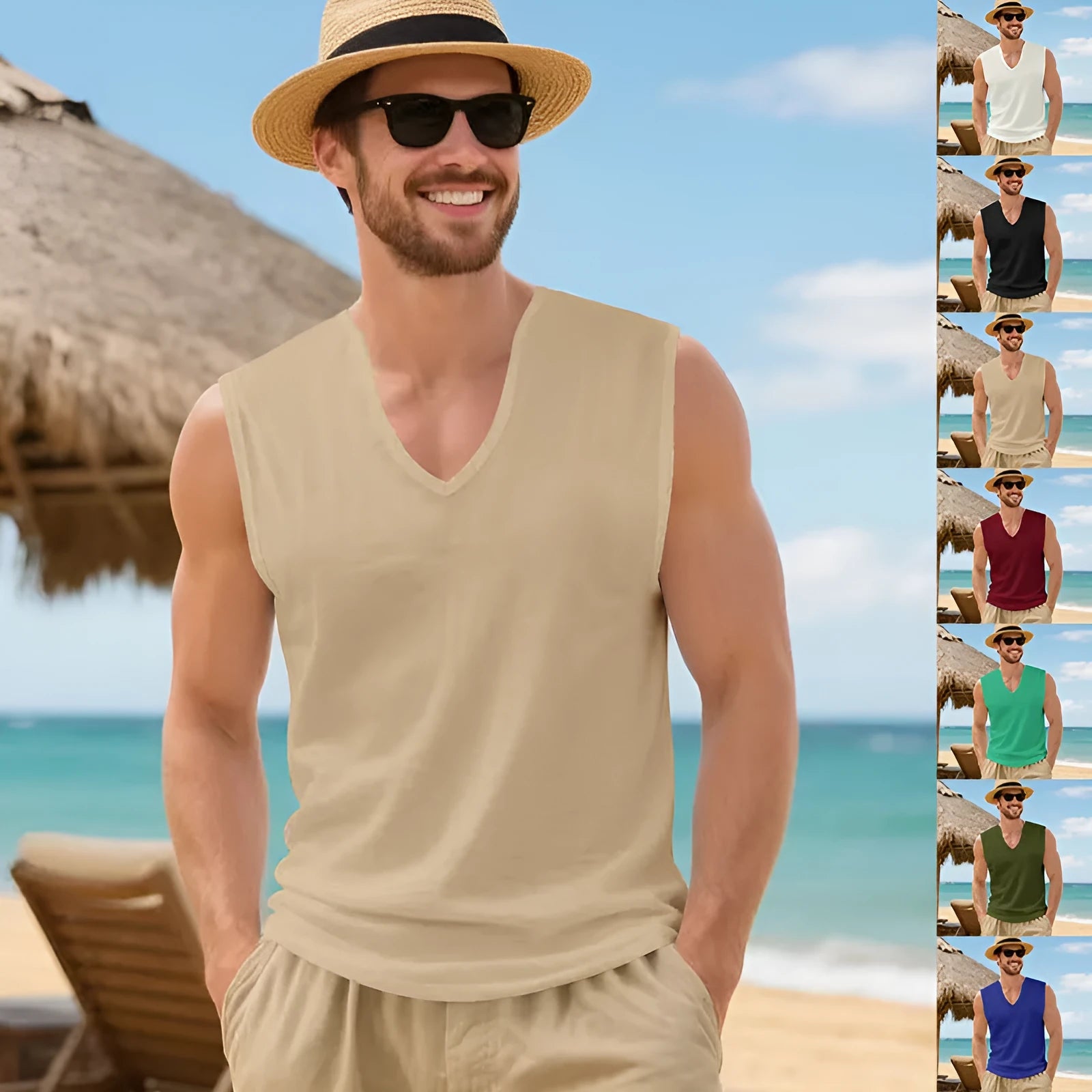 Men's quick-dry breathable polyester vest in army green with V-neck design and loose fit for summer training