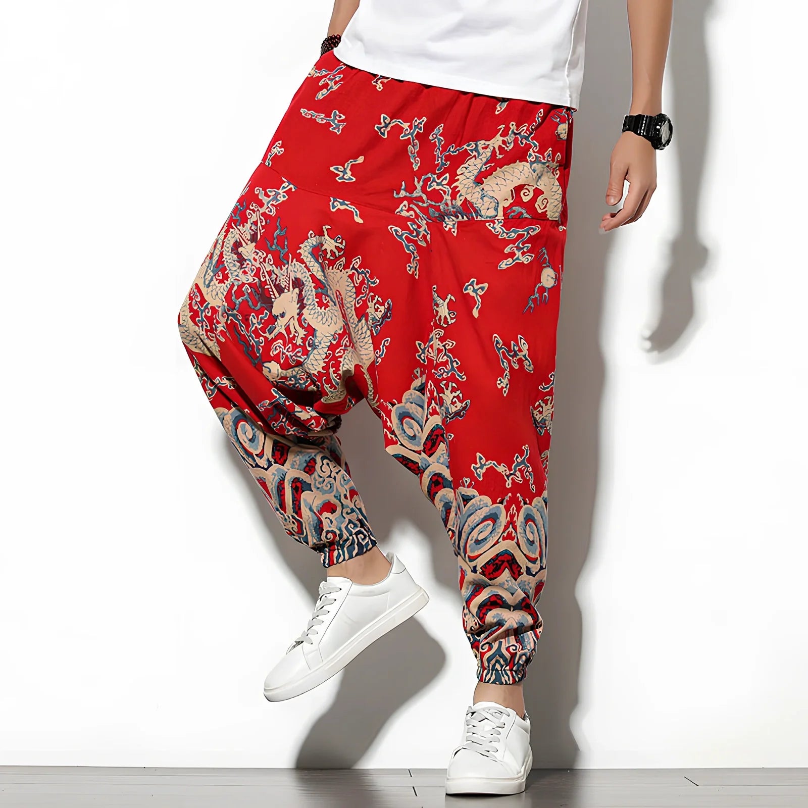 Summer bohemian loose wide-leg cotton trousers in Tibetan blue elephant flower print, mid-waist nine-point length 70-82cm, sizes M-5XL