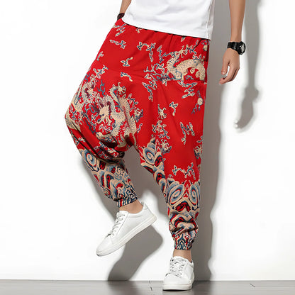 Summer bohemian loose wide-leg cotton trousers in Tibetan blue elephant flower print, mid-waist nine-point length 70-82cm, sizes M-5XL