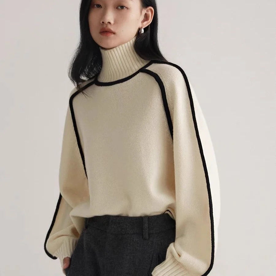 Half turtleneck knitted sweater in creamy white with three-dimensional design