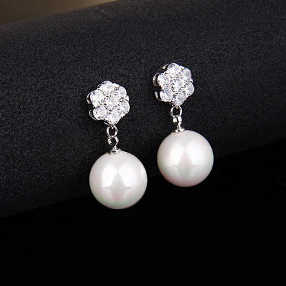 Round pearl long earrings with s925 silver needle, elegant and hypoallergenic