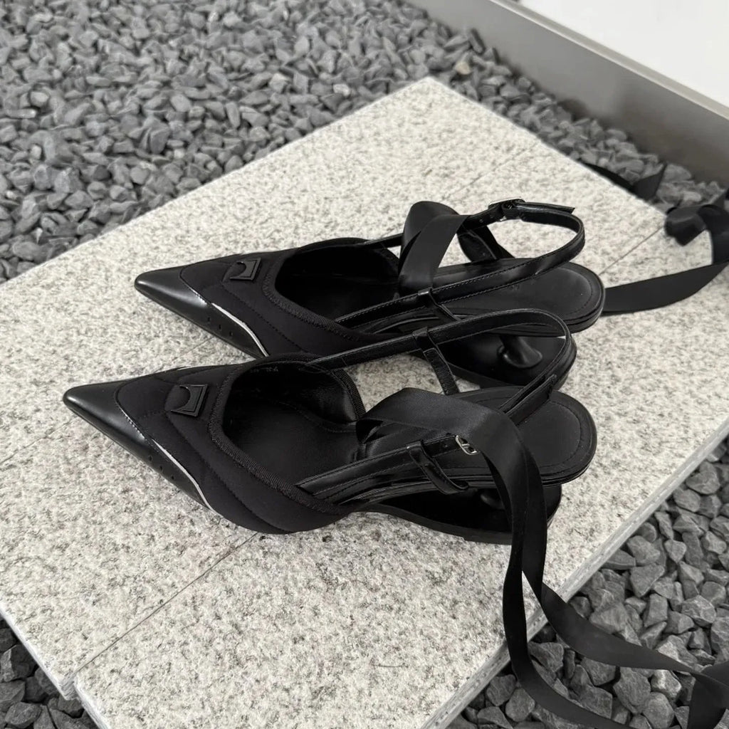 Women's black and pink special-shaped root lace-up high heels made from cowhide leather.
