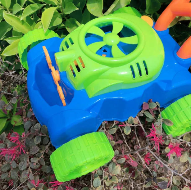Plastic hand push bubble machine in tank car design with automatic bubble blower for outdoor children's toy